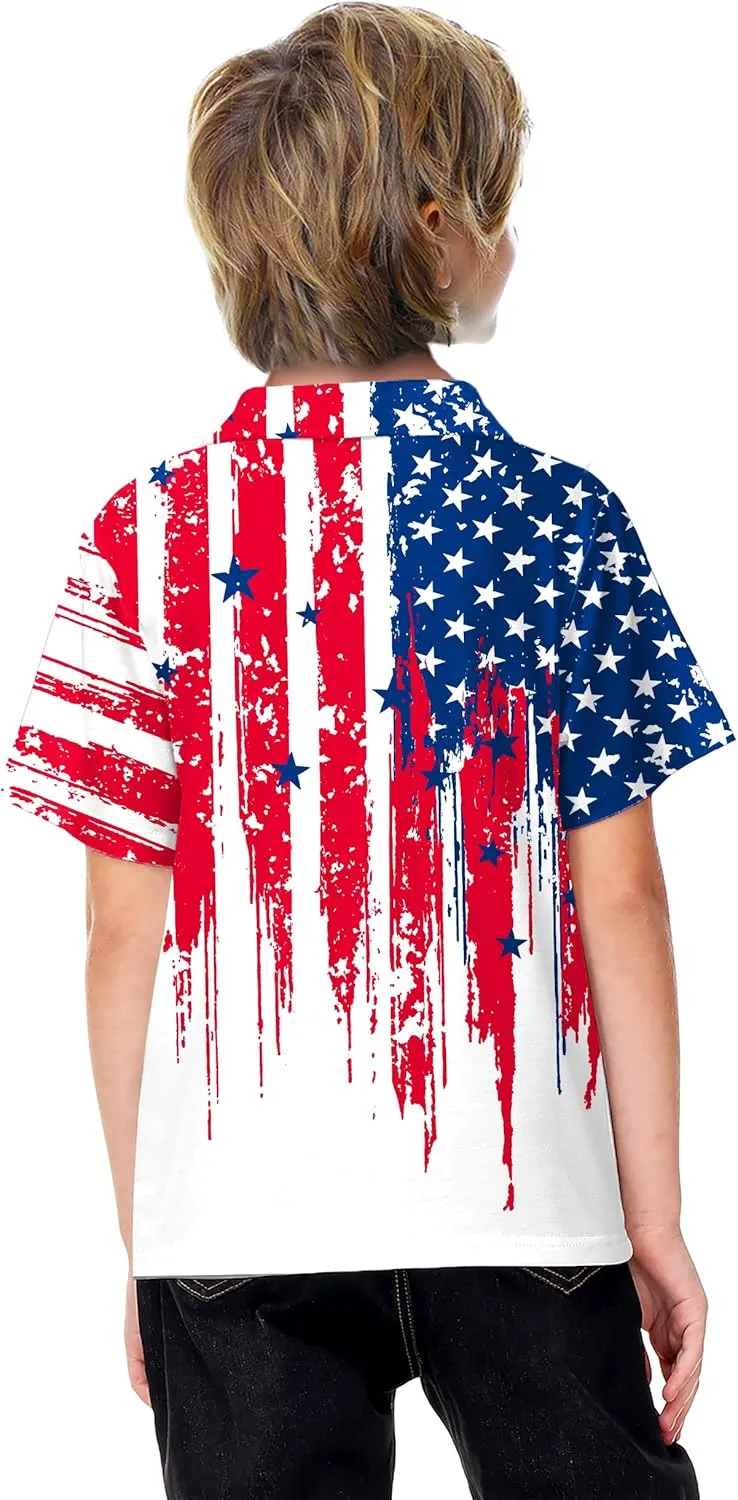AOBUTE Kids Fourth of July Polo Shirt American Flag Golf Tee Shirts Short Sleeve Patriotic Outfits 3-14 Years