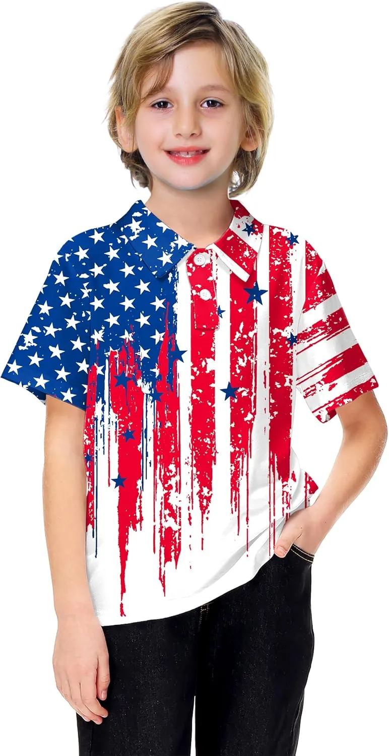 AOBUTE Kids Fourth of July Polo Shirt American Flag Golf Tee Shirts Short Sleeve Patriotic Outfits 3-14 Years