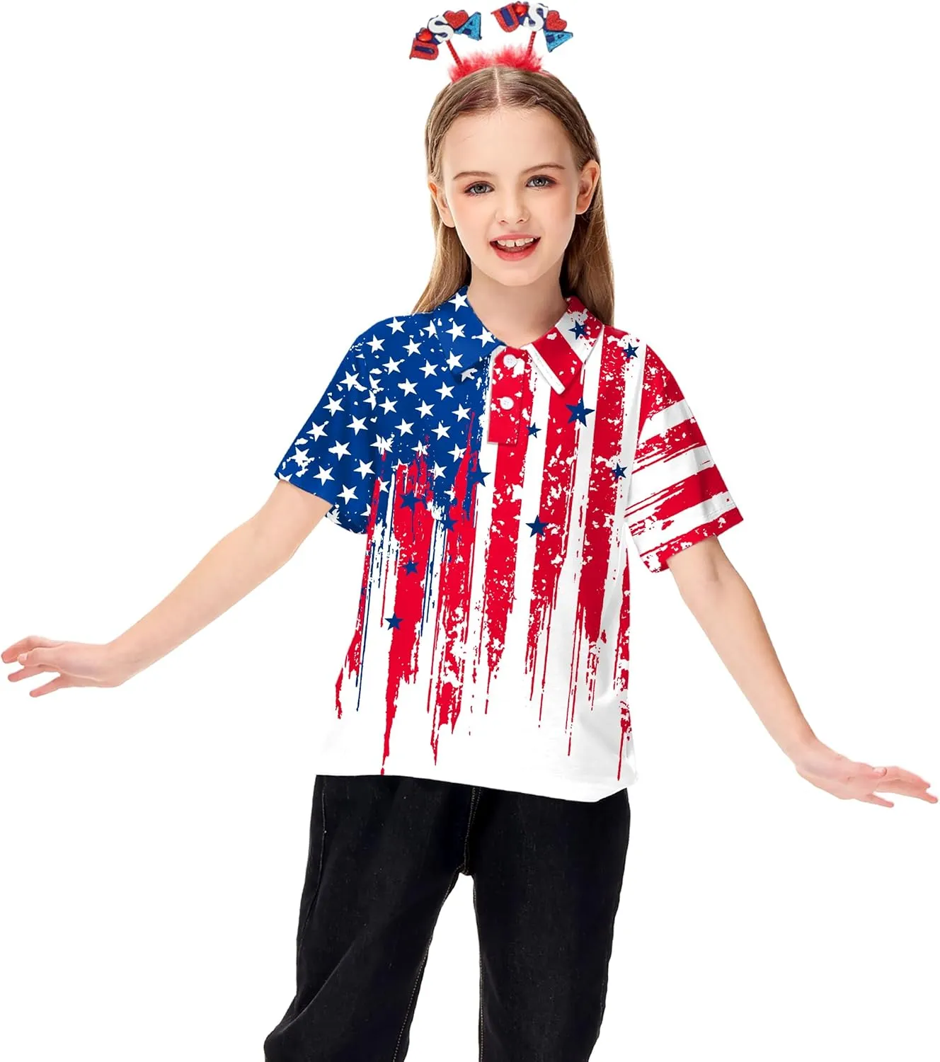 AOBUTE Kids Fourth of July Polo Shirt American Flag Golf Tee Shirts Short Sleeve Patriotic Outfits 3-14 Years