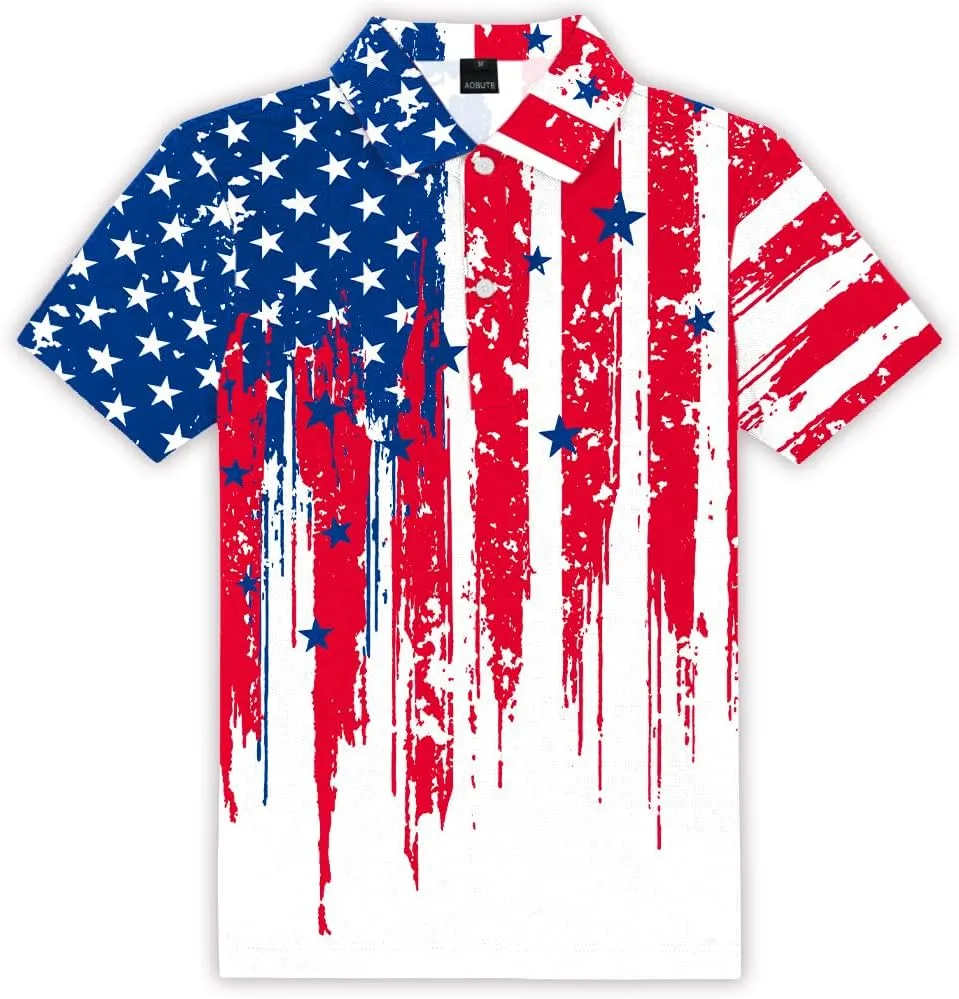 AOBUTE Kids Fourth of July Polo Shirt American Flag Golf Tee Shirts Short Sleeve Patriotic Outfits 3-14 Years