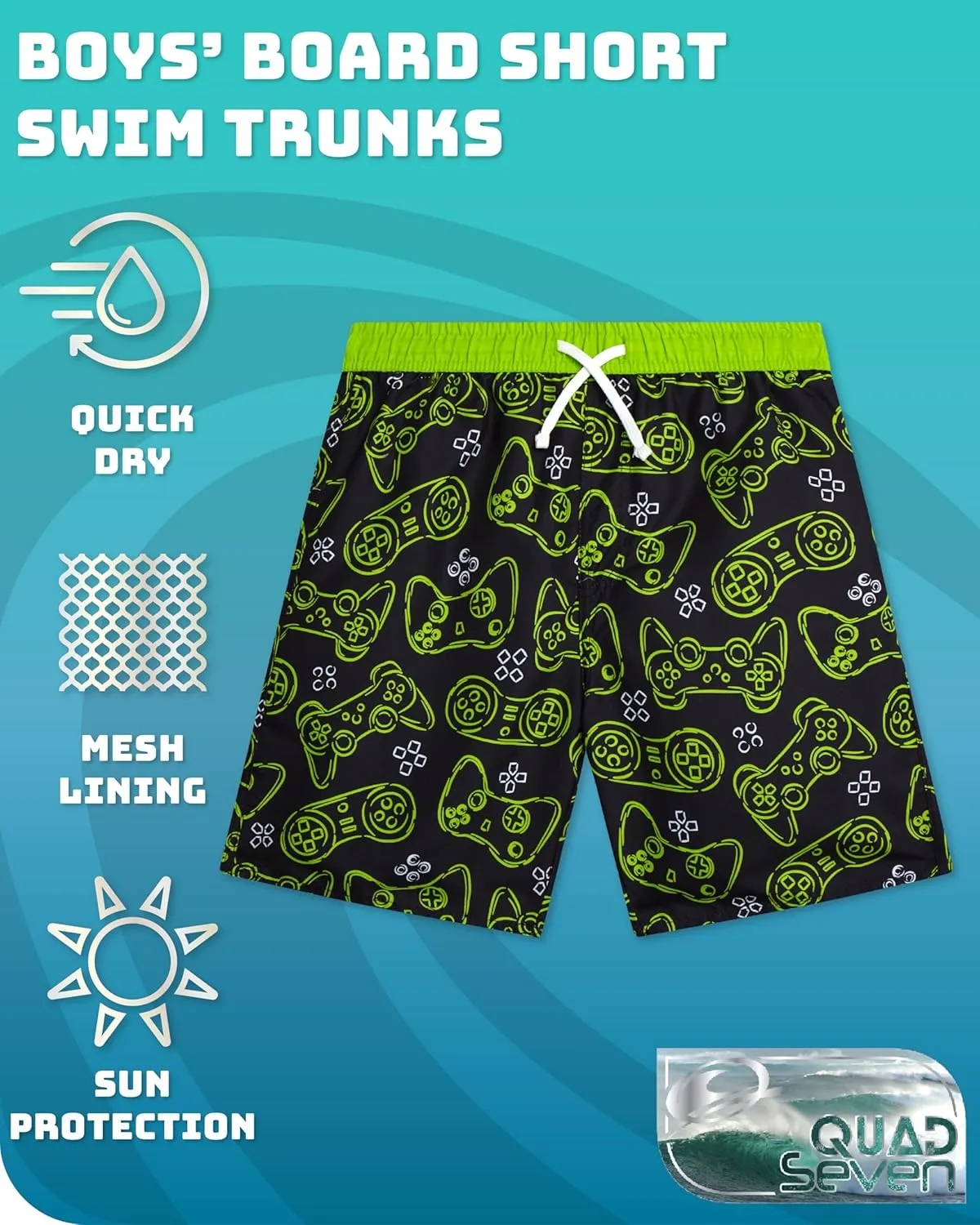 Boys Swim Trunks - Quick Dry Sun Protection Board Shorts with Breathable Mesh Lining and Drawstring Waist (Sizes: 8-18)