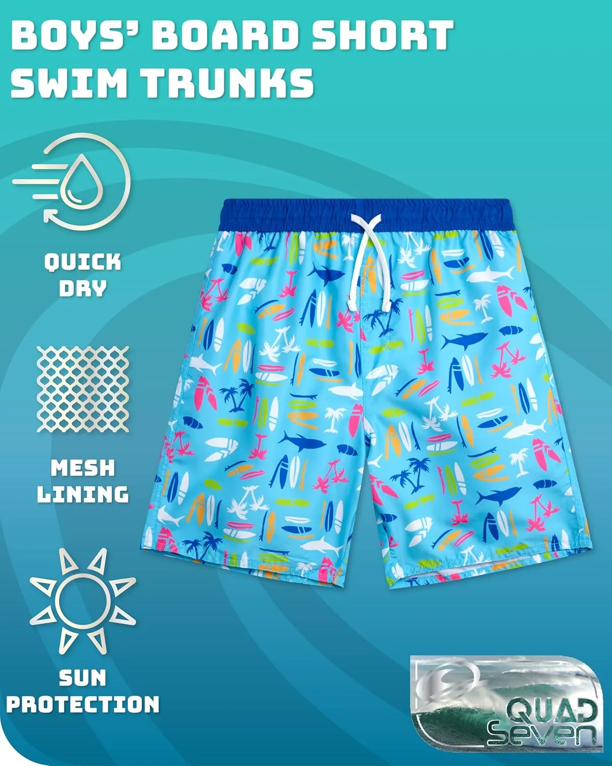 Boys Swim Trunks - Quick Dry Sun Protection Board Shorts with Breathable Mesh Lining and Drawstring Waist (Sizes: 8-18)