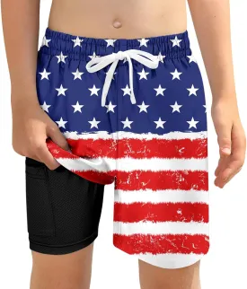 Boys Swim Trunks with Compression Liner for 6-20 Years Kids Quick Dry Bathing Suit