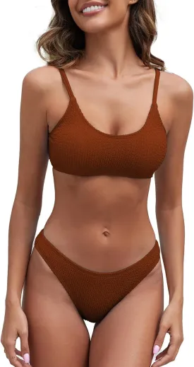 Fanuerg Women's Ribbed Bikini Sets Scoop Neck Cheeky Swimsuit Textured Two Piece Bathing Suit
