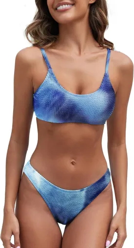 Fanuerg Women's Ribbed Bikini Sets Scoop Neck Cheeky Swimsuit Textured Two Piece Bathing Suit