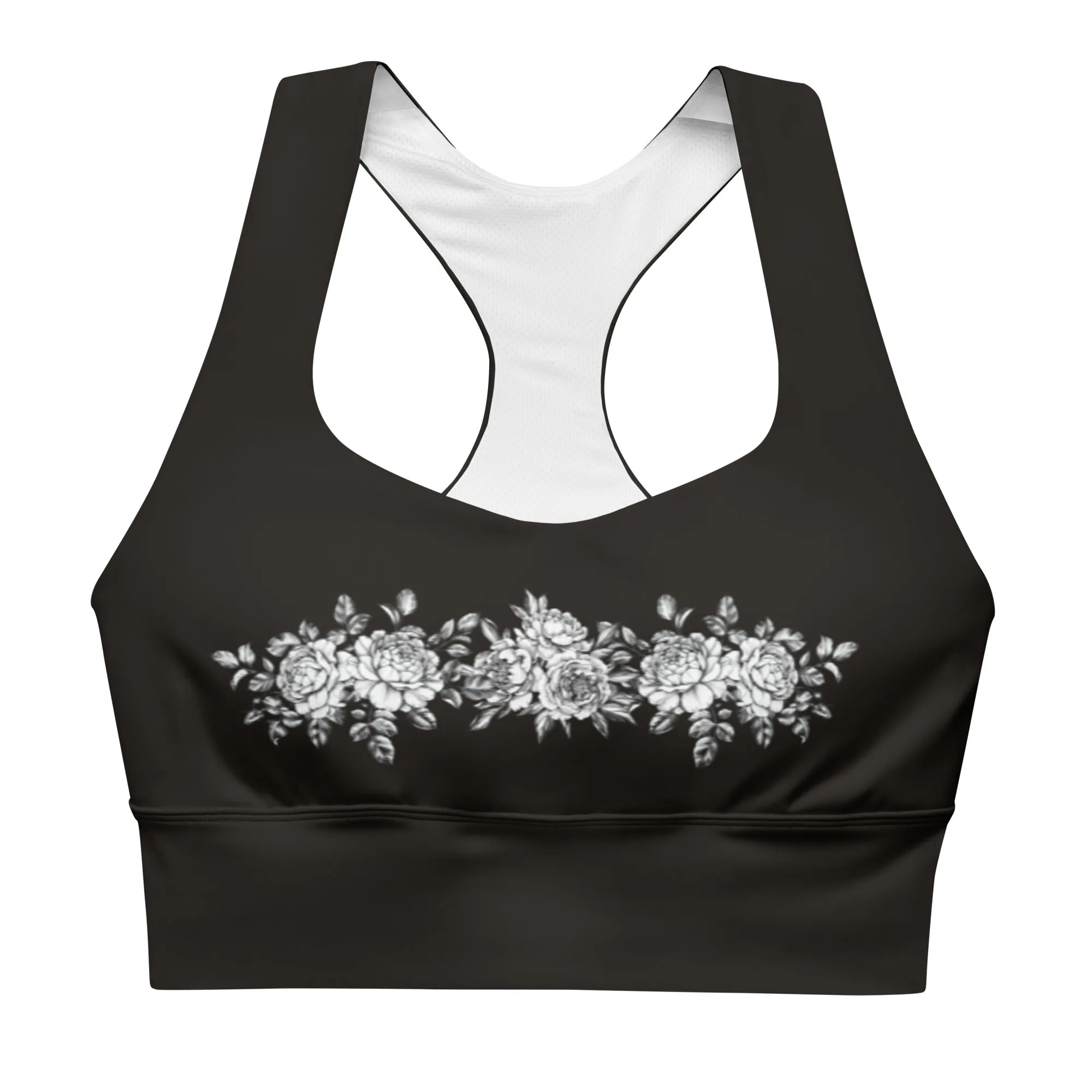 Floral print on black longline sports bra, lioness-love