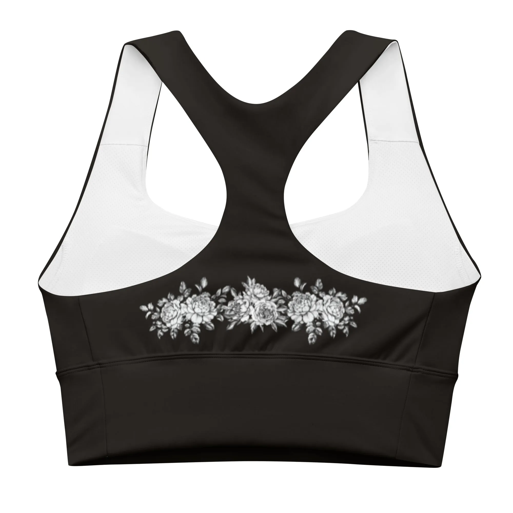 Floral print on black longline sports bra, lioness-love