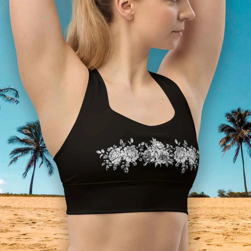 Floral print on black longline sports bra, lioness-love