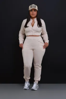 Had Enough Zippered Cropped Jogger Set - Light Brown