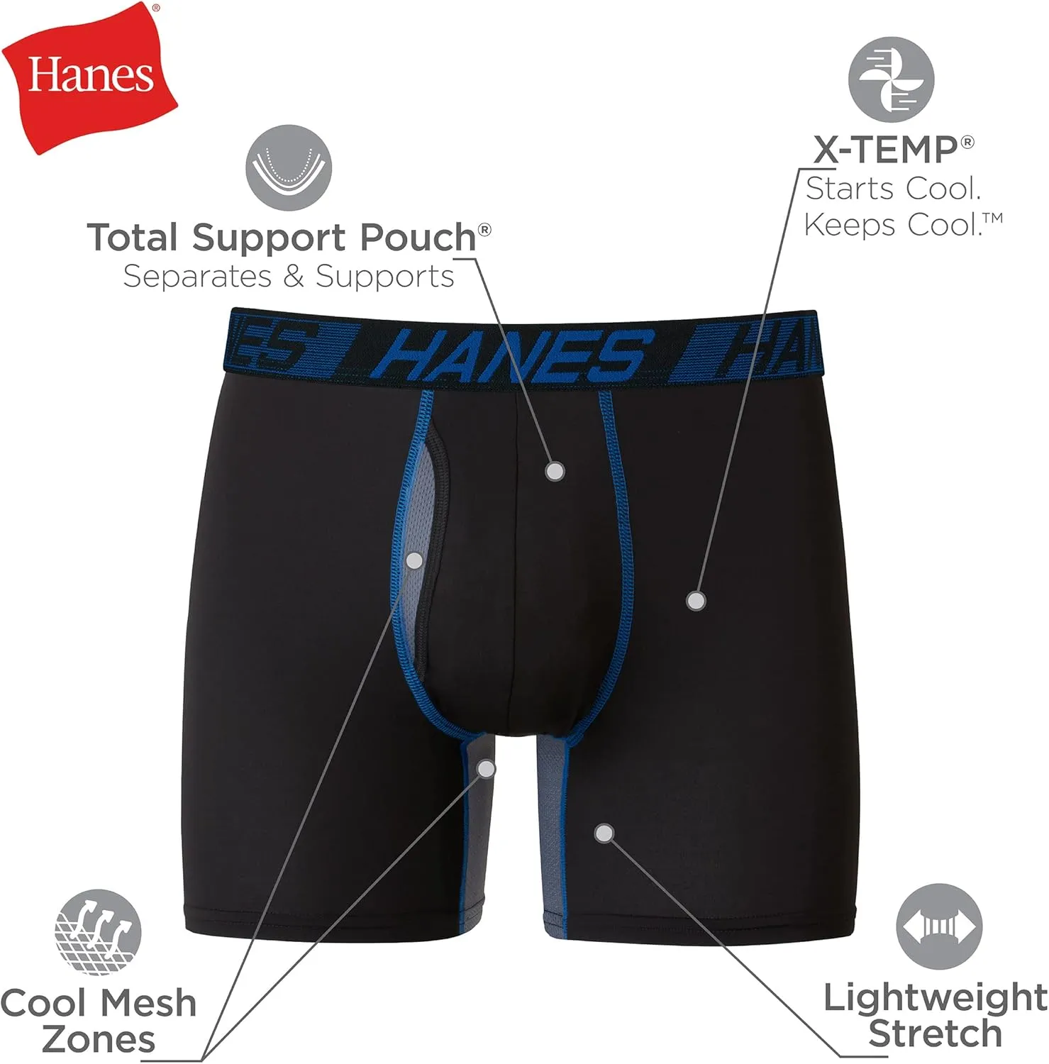 Hanes Mens Total Support Pouch Boxer Briefs, X-Temp Cooling, Moisture-Wicking Underwear, Regular, Long-leg and Trunk, 3-Pack
