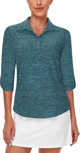 LURANEE Womens Golf Shirt Quick Dry 3/4 Sleeve T Shirts 2-Buttons Polo Workout Tops UPF 50  Shirts S-2XL