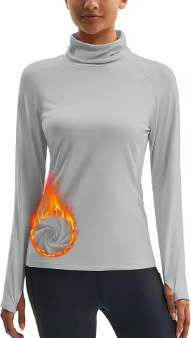 MAGCOMSEN Women's Thermal Long Sleeve Fleece Shirt Mock Turtleneck Undershirt Running Workout Top with Thumb Holes