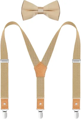 Men's Boy's Suspenders and Bow Tie Set Elastic Y Back with Metal Clips