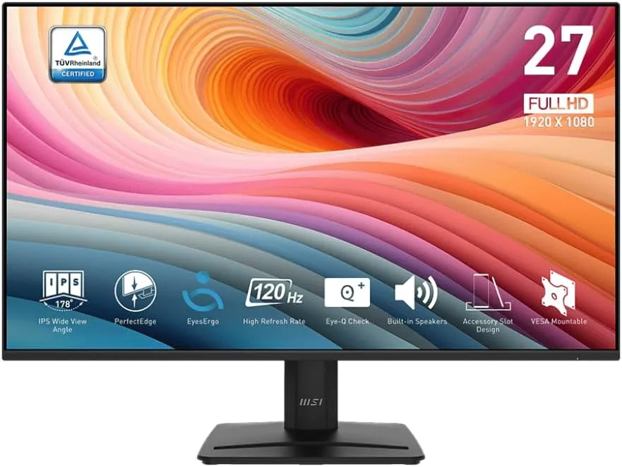 MSI PRO MP275 E2 27-inch IPS 1920 x 1080 (FHD) Gaming Office Monitor, 120Hz, Free-Synch, HDMI, DisplayPort, VGA Port, VESA Mountable, Tilt, Speaker, 4-Side Slim Bezel 1ms, Black