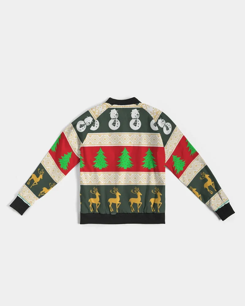 Multi Colored Snowman Tree Wonderland White Women's Bomber Jacket