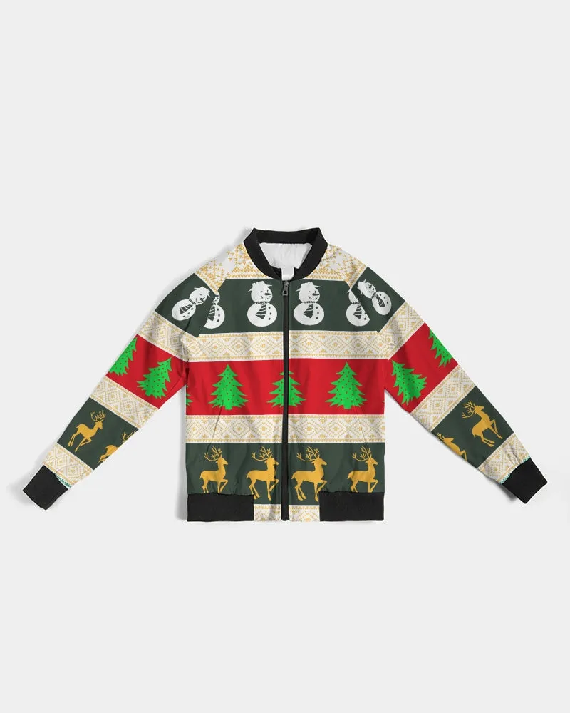 Multi Colored Snowman Tree Wonderland White Women's Bomber Jacket