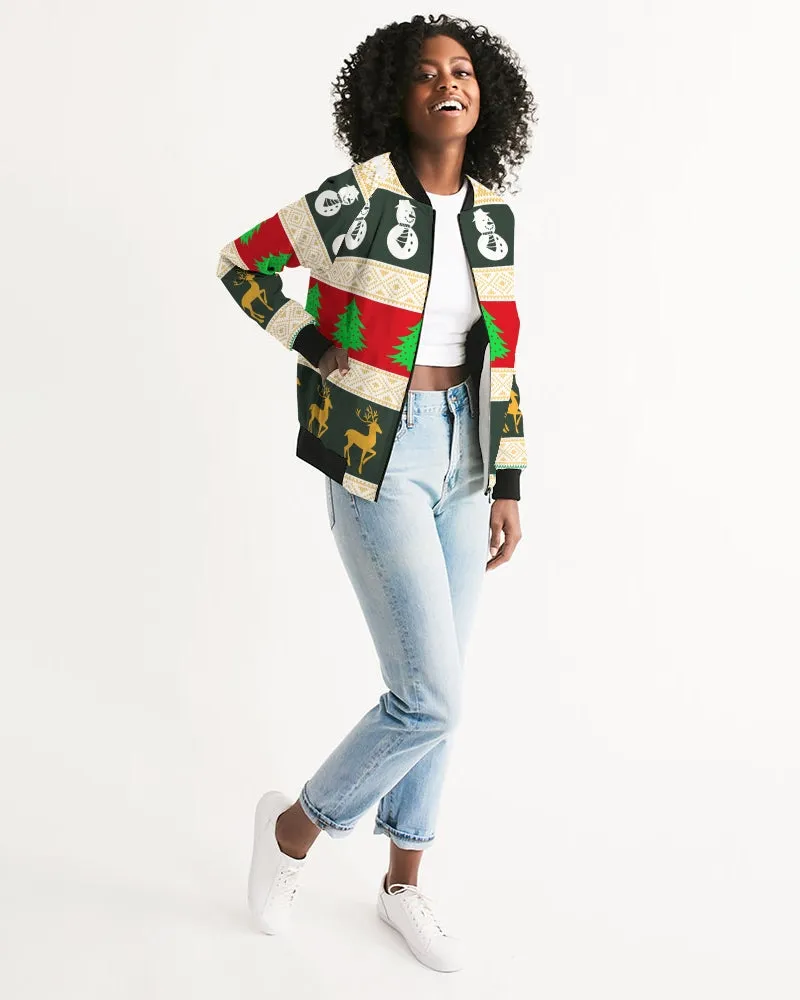 Multi Colored Snowman Tree Wonderland White Women's Bomber Jacket