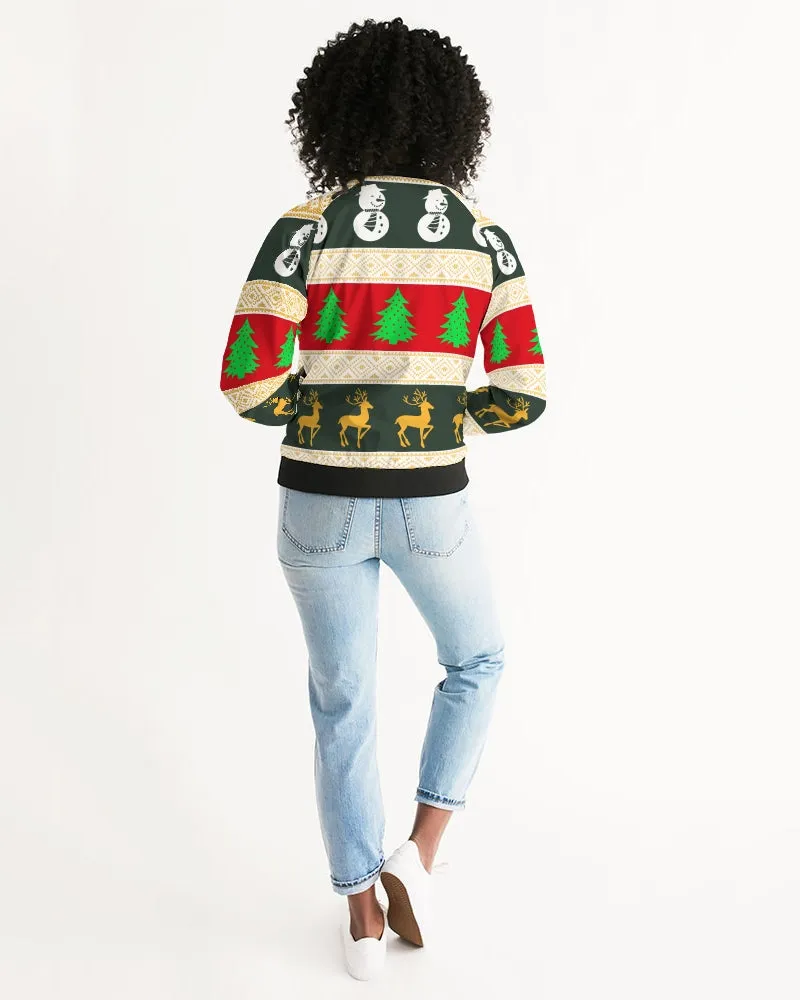 Multi Colored Snowman Tree Wonderland White Women's Bomber Jacket