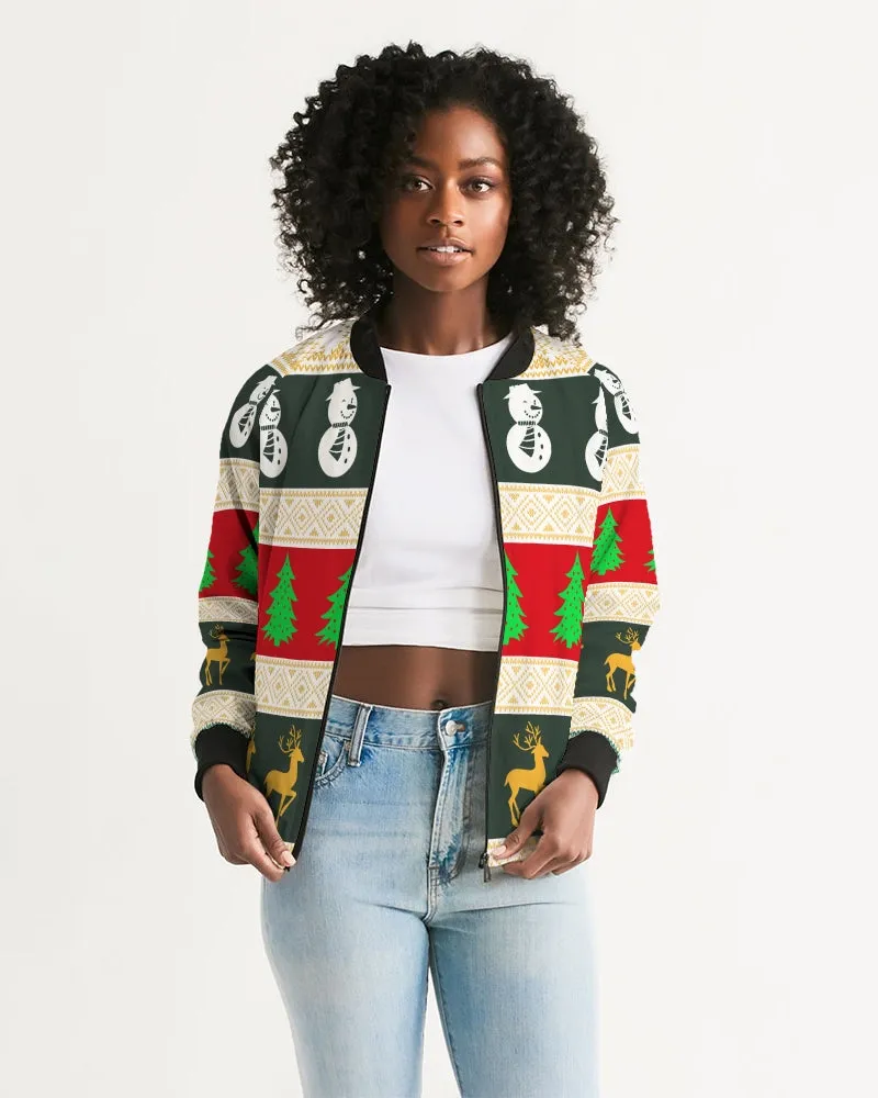 Multi Colored Snowman Tree Wonderland White Women's Bomber Jacket