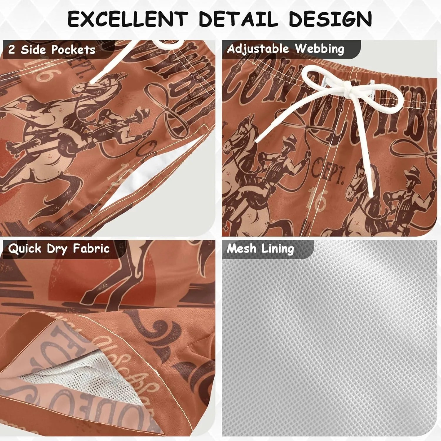 Retro Rodeo Cowboy Boys Swim Trunks Toddler Beach Board Shorts Quick Dry Kids Swimwear Bathing Suits 2T