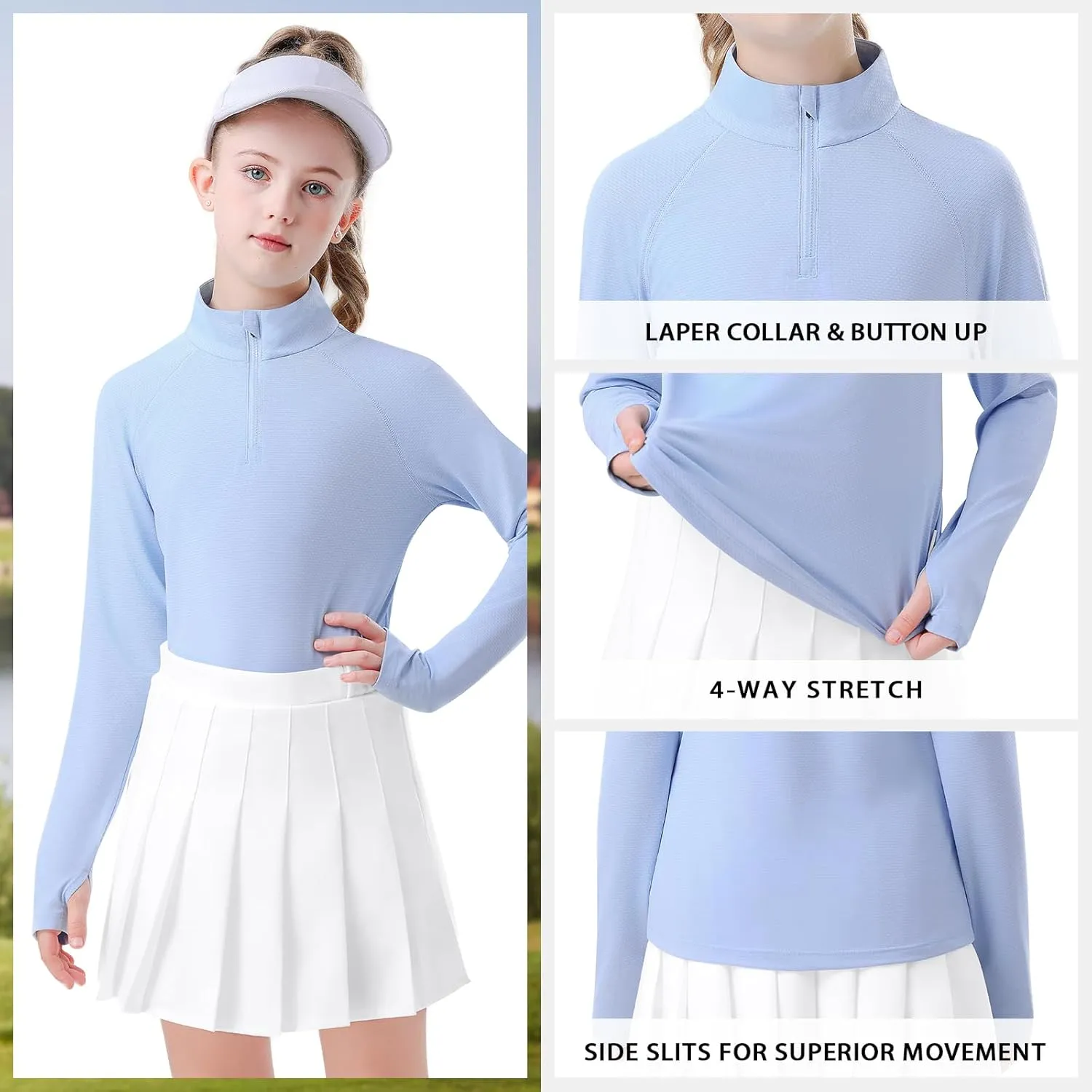 Soneven Girls Long Sleeve Golf Polo Shirts Quick Dry UPF50  Equestrian Tennis Tops with Thumb Holes for Age 5-16 Years