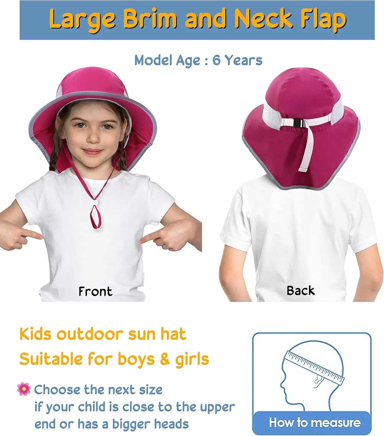 Sun Protection UPF 50  Kids Wide Brim Neck Flap Adjustable Safari Sun Hat