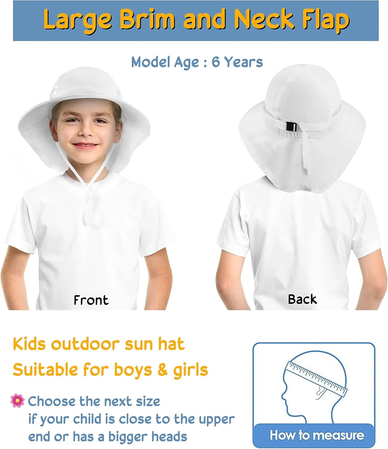 Sun Protection UPF 50  Kids Wide Brim Neck Flap Adjustable Safari Sun Hat