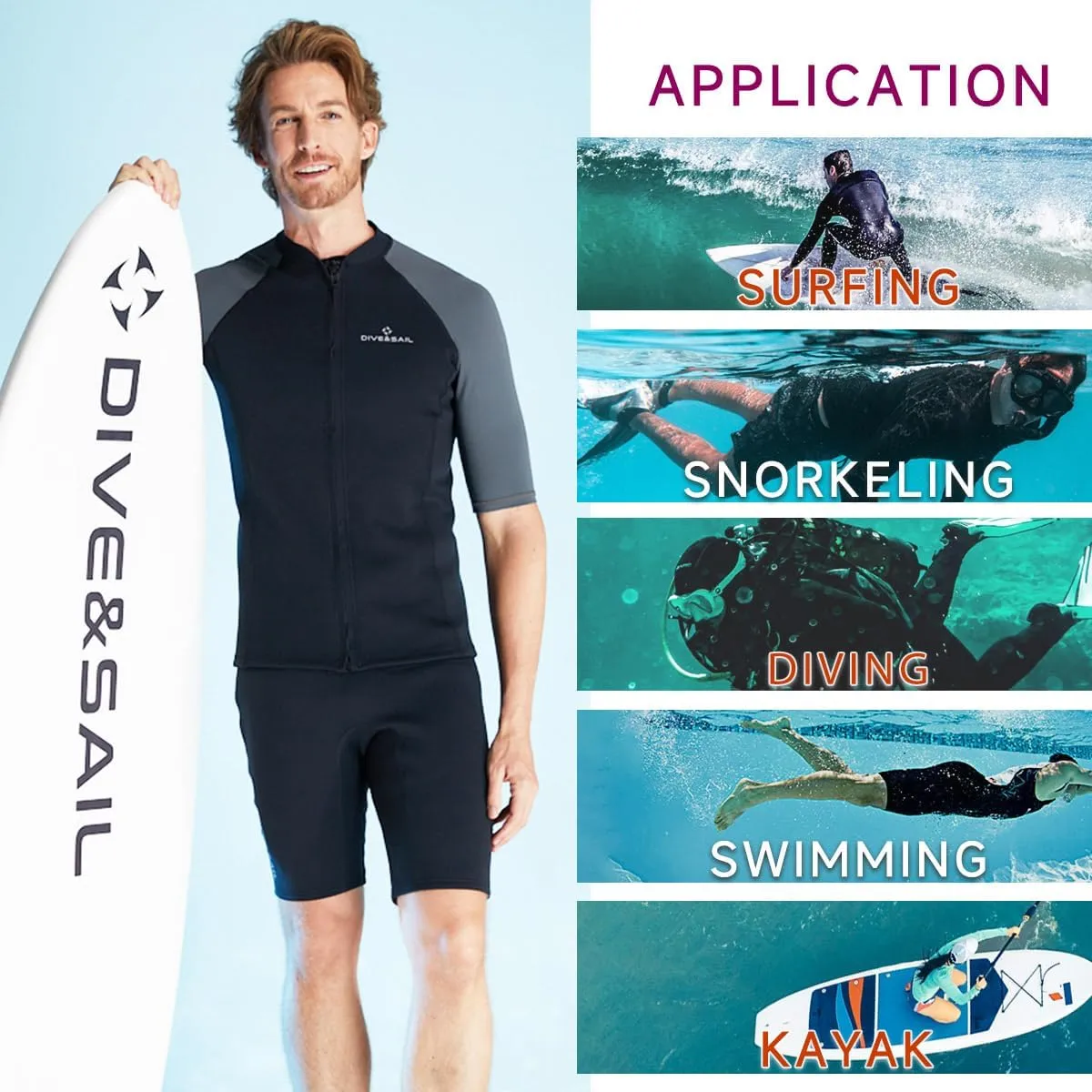 Wetsuit Top Men Short Sleeve Front Zip Wetsuit Jacket 1.5mm Neoprene Swimsuit for Swimming Diving Surfing