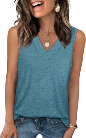 WIHOLL Tank Tops for Women Summer V Neck T Shirts Trendy Sleeveless Basic Tee Loose Fit 2025 Fashion