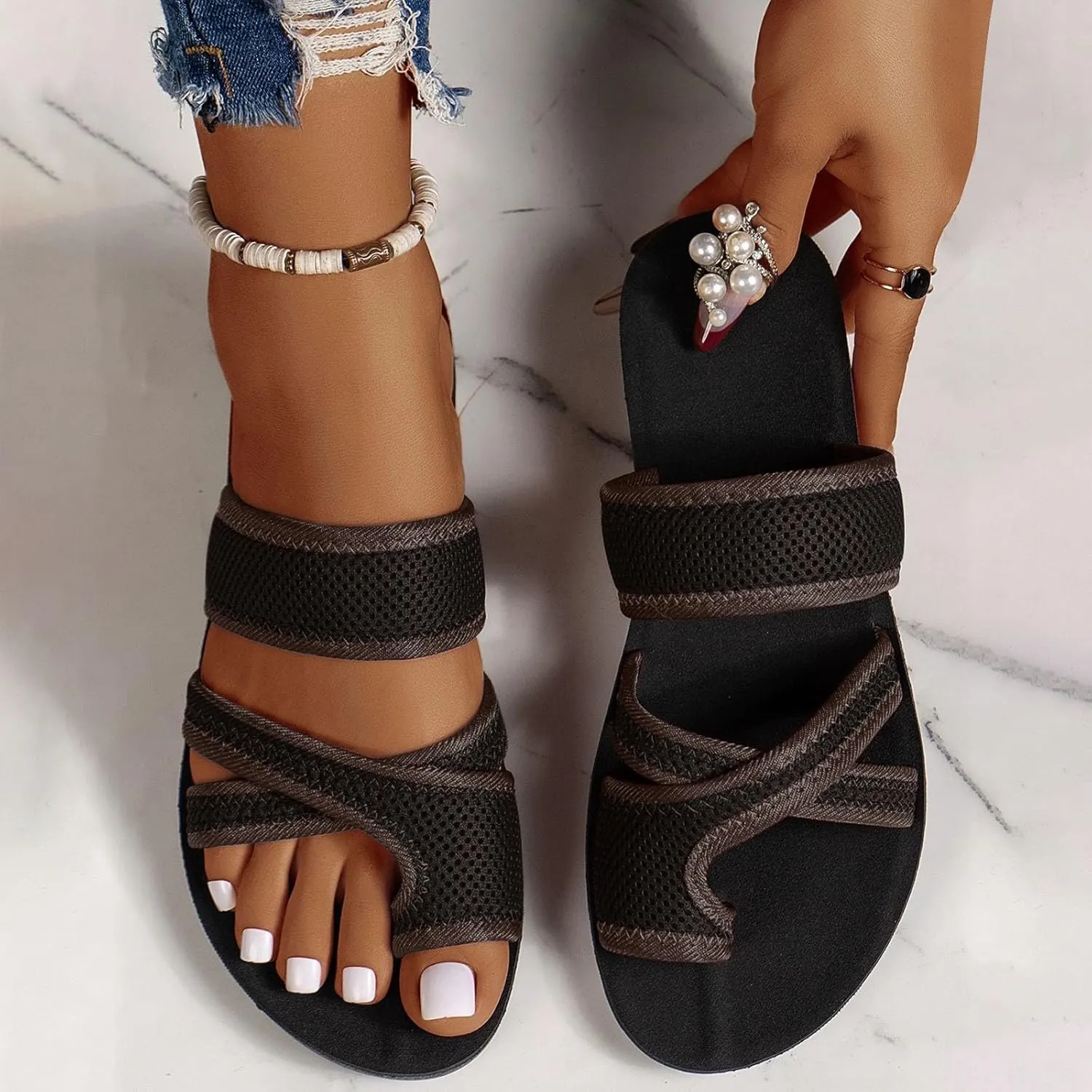 Women's Summer Sandals Casual Slip On Flip Flops Mesh Breathable Thong Flat Sandals Comfortable Shoes Walking Slippers