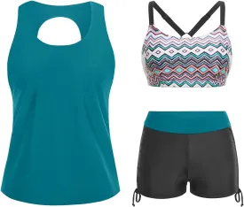 Yonique 3 Piece Womens Tankini Swimsuits with Shorts Athletic Bathing Suits Tank Tops with Bra and Boyshorts