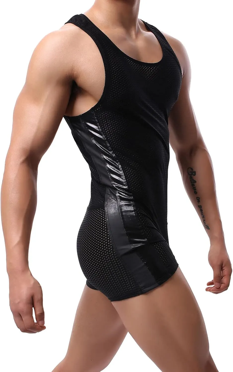 YUFEIDA Men's Athletic Supporters Bodysuit Slim Fit Wrestling Leotard Active Base Layers Jumpsuit Mesh Breathable